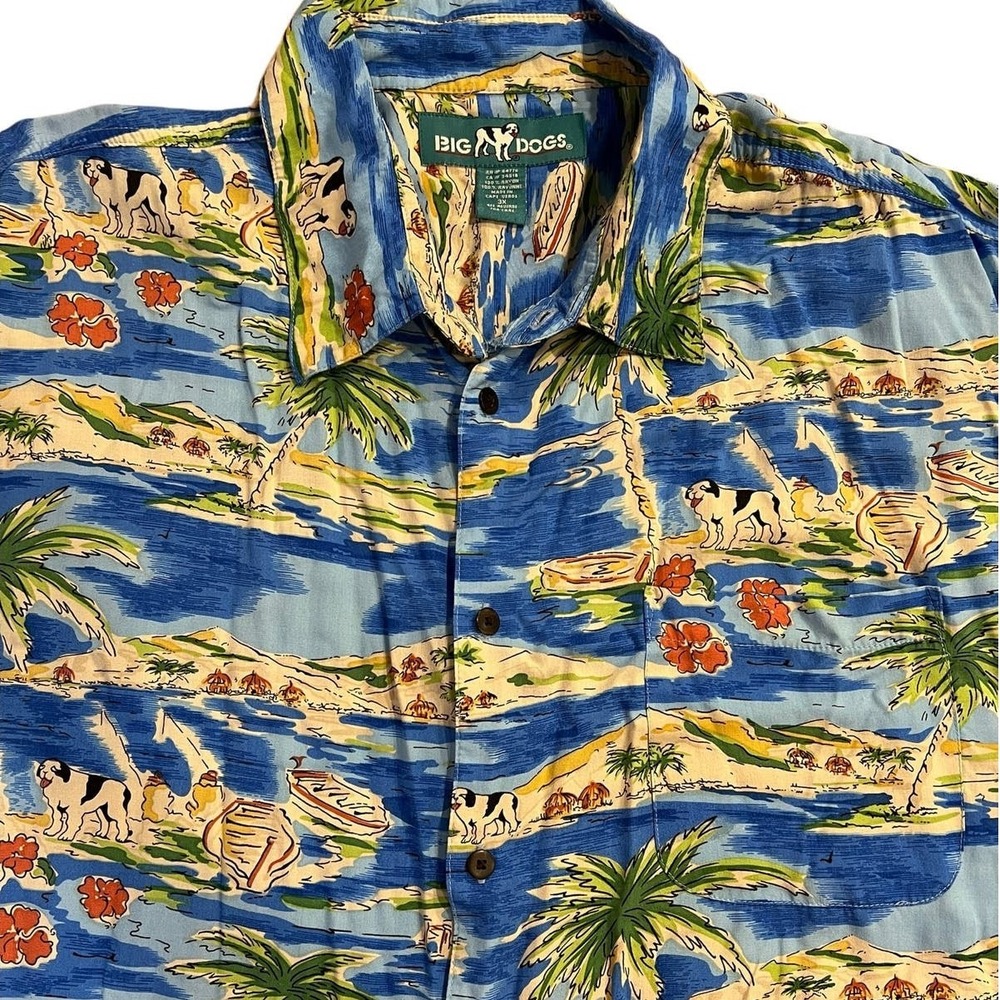 VTG Big Dogs Hawaiian Shirt Mens 3X Blue Tropical Island Dog Camp Cabana Dadcore
